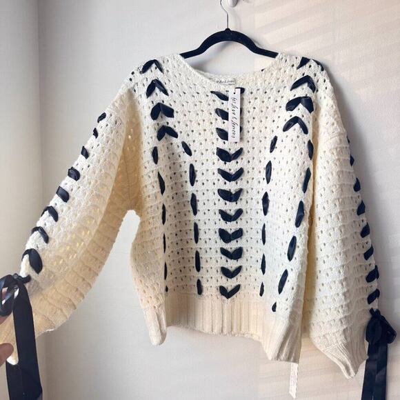 For Love & Lemons Laurel Sweater Cream with Black Ribbon | Size Small | BNWT - Picture 2 of 9